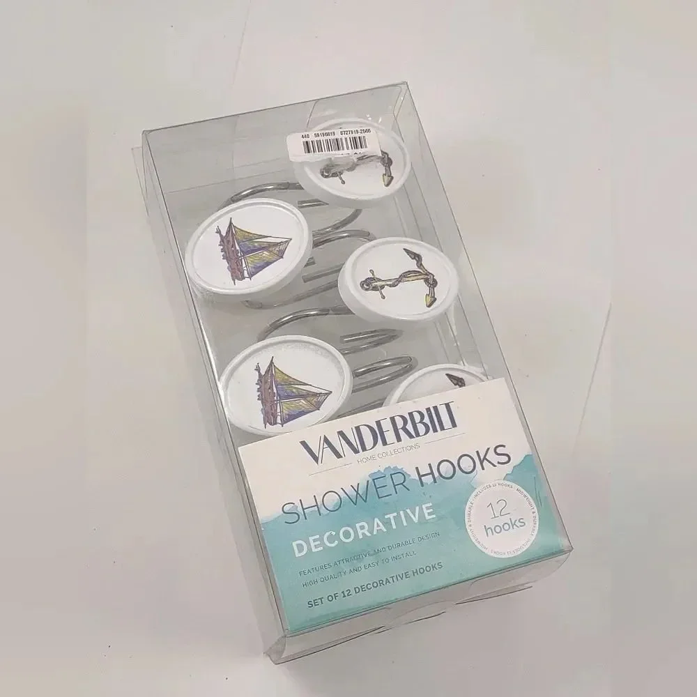 Vanderbilt Nautical Shower Hooks Set of 12 Anchors and Ships Oval Design NWT